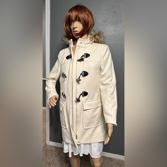 EXPRESS White Coat with Buttons and Black Straps and faux fur lined hood - Picture 3 of 6